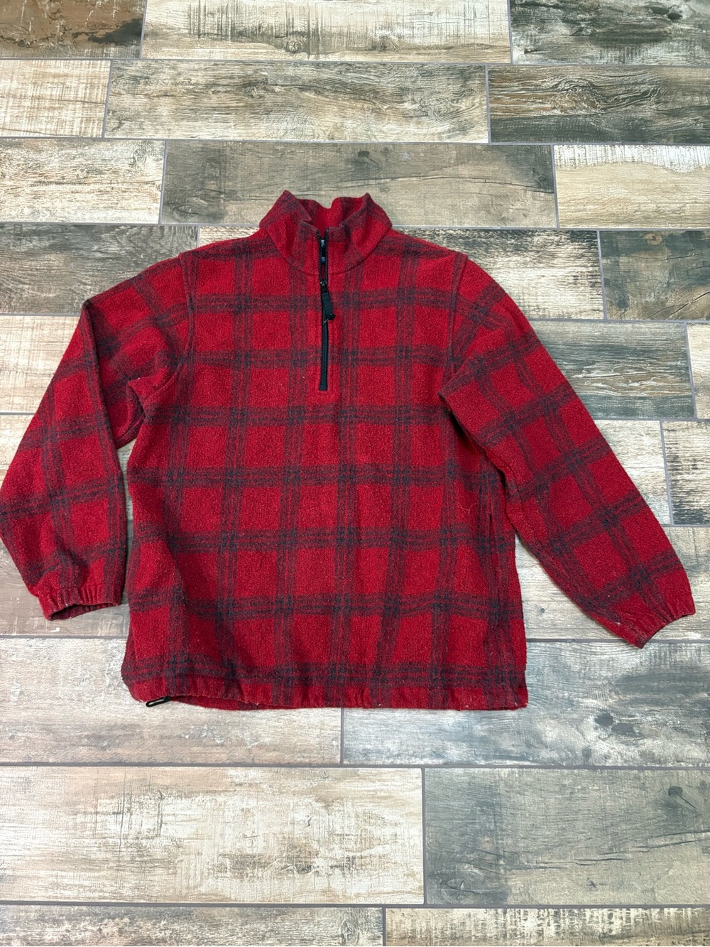 Lands' End Red & Black Plaid Kids Quarter-Zip Puffer Jacket
